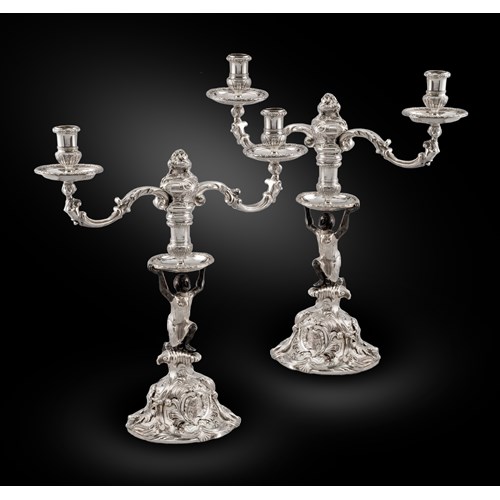 An Exceptionally Rare Pair of George II Two-Light Rococo Candelabra